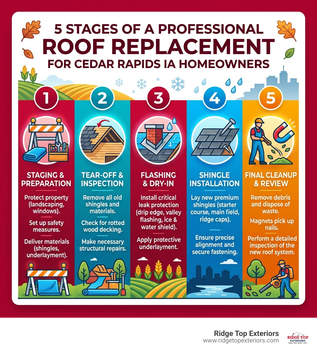 5 stages of a professional roof replacement infographic for Cedar Rapids IA homeowners - roofing contractor in Cedar Rapids