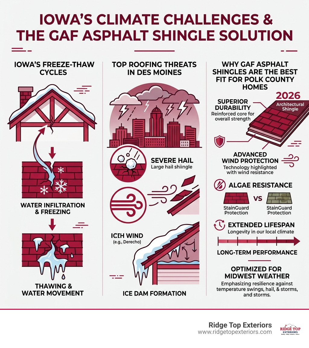 Infographic: Iowa freeze-thaw cycles, top roofing threats in Des Moines, and why GAF asphalt shingles are the best fit for