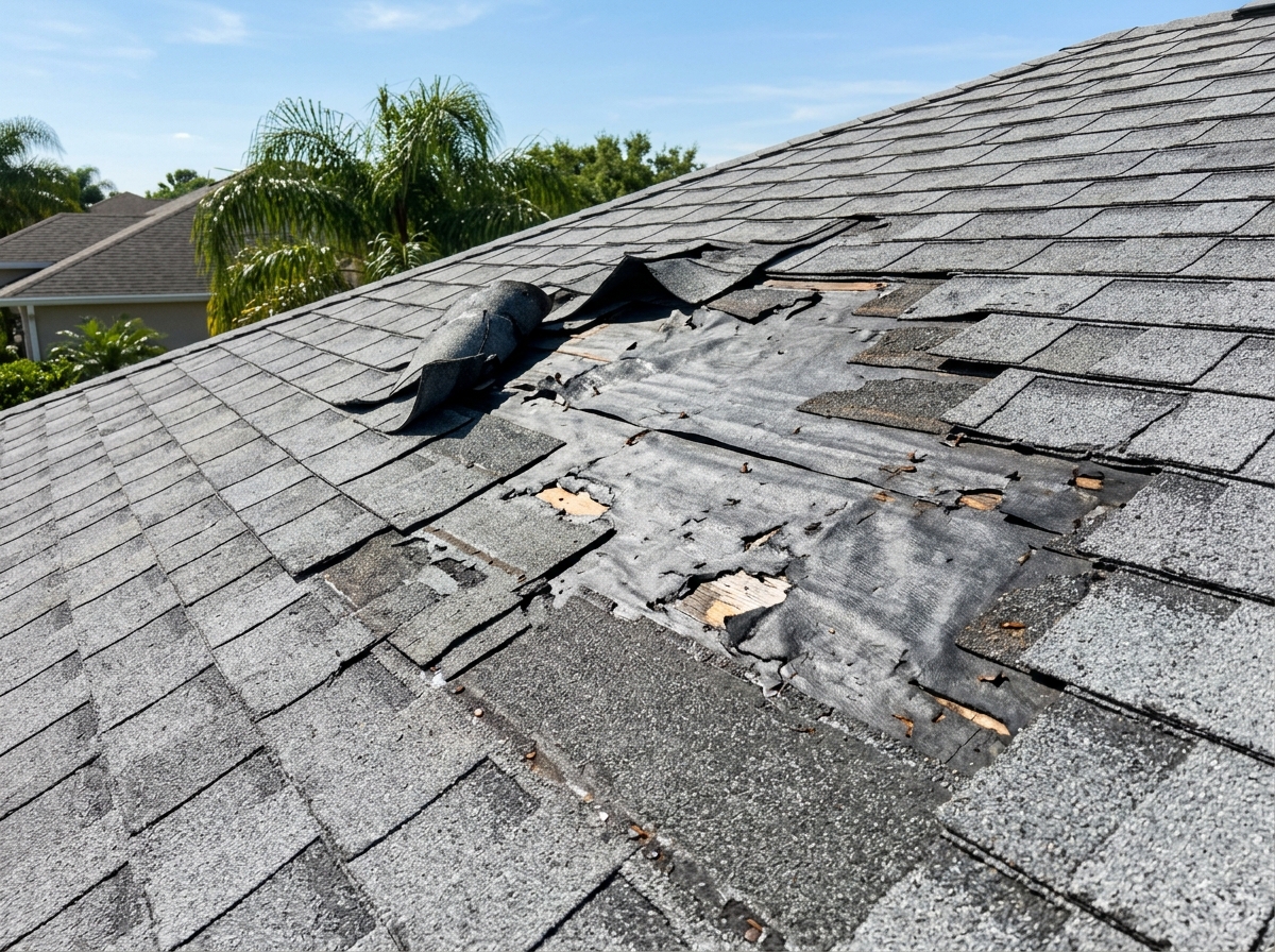 Wind-damaged roof shingles with lifted edges and missing tabs - Storm Damage - Florida Wind-damaged roof shingles with lifted edges and missing tabs - Storm Damage - Florida