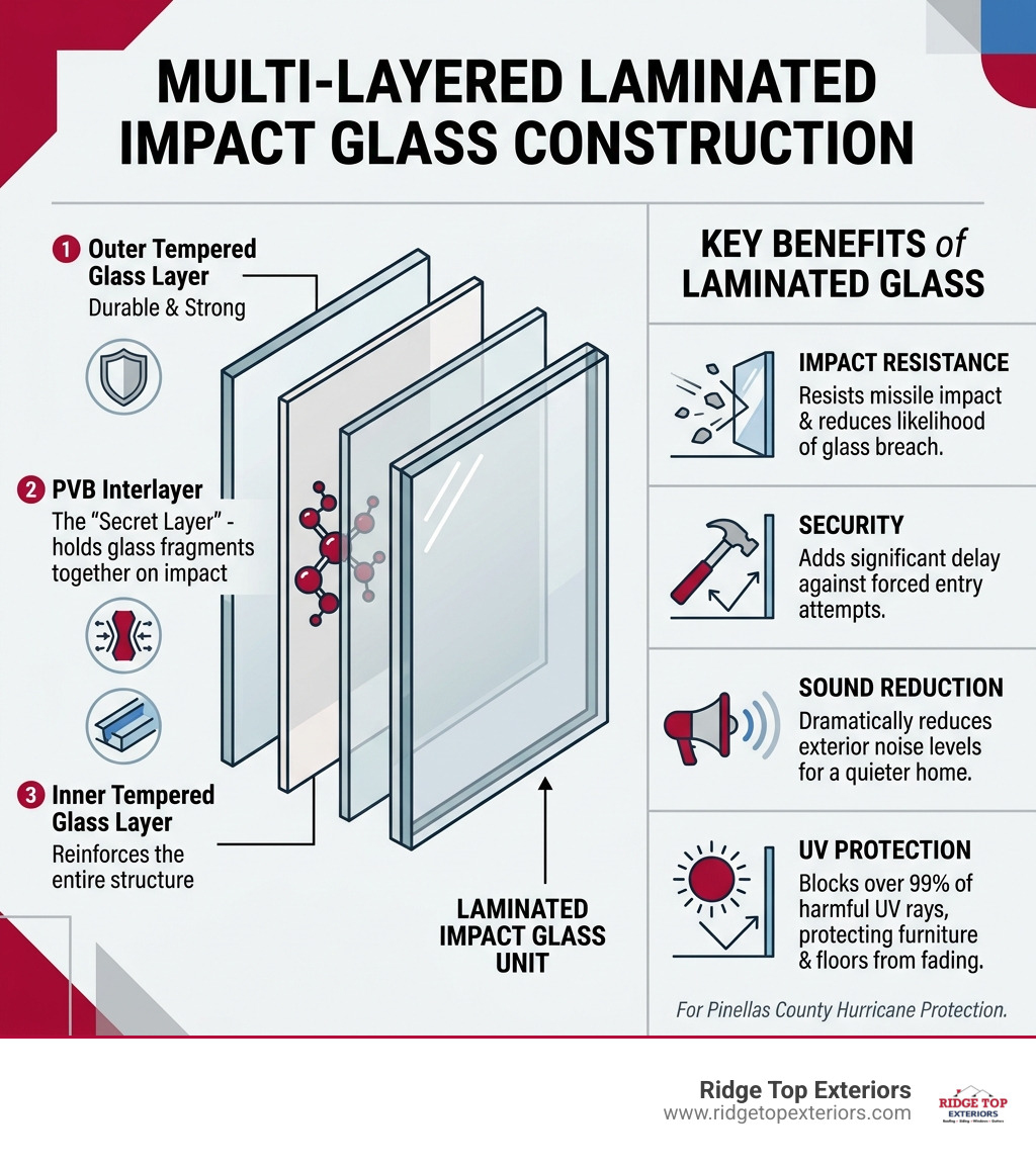 Infographic showing multi-layered laminated impact glass construction with PVB interlayer and key benefits - hurricane Infographic showing multi-layered laminated impact glass construction with PVB interlayer and key benefits - hurricane