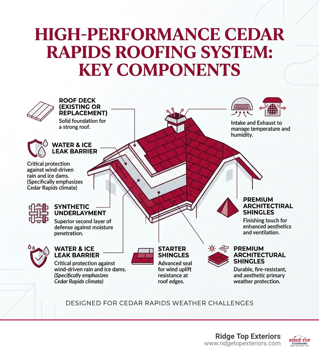 Infographic showing key components of a high-performance Cedar Rapids roofing system - Roofing Cedar Rapids infographic Infographic showing key components of a high-performance Cedar Rapids roofing system - Roofing Cedar Rapids infographic