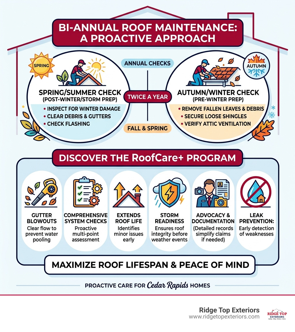 Infographic explaining the benefits of bi-annual roof maintenance and the RoofCare+ program - Roofing Cedar Rapids Infographic explaining the benefits of bi-annual roof maintenance and the RoofCare+ program - Roofing Cedar Rapids