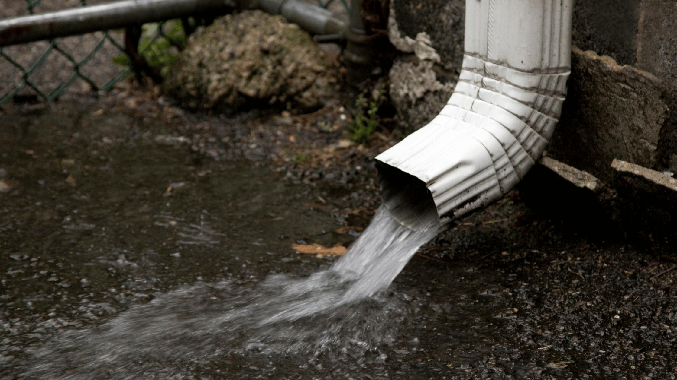 Water rushes from a white downspout during heavy rainfall, showing the importance of proper gutter drainage in protecting your home's foundation.