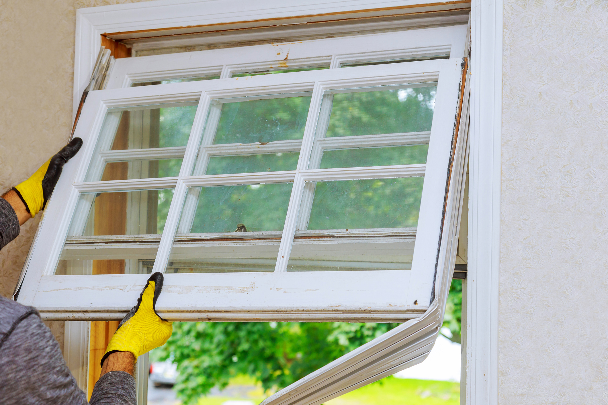 An installer wearing yellow work gloves removes an old, weathered white double-hung window from its frame during a window replacement, with visible wear and oxidation on the frame and green summer trees visible through the opening outside.