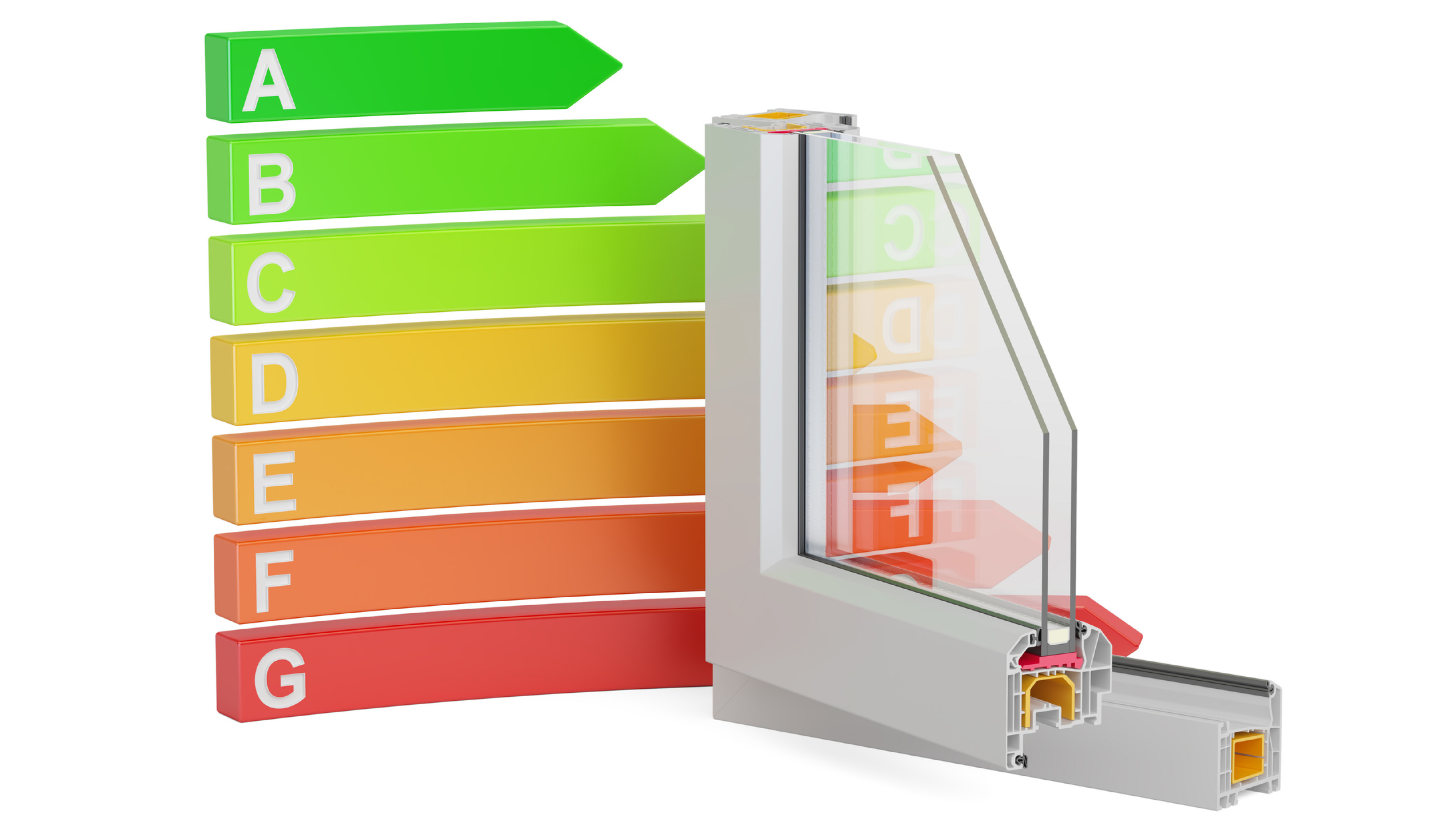 Cutaway of a double-pane vinyl window frame in front of an energy rating scale running from green A for most efficient to red G for least.