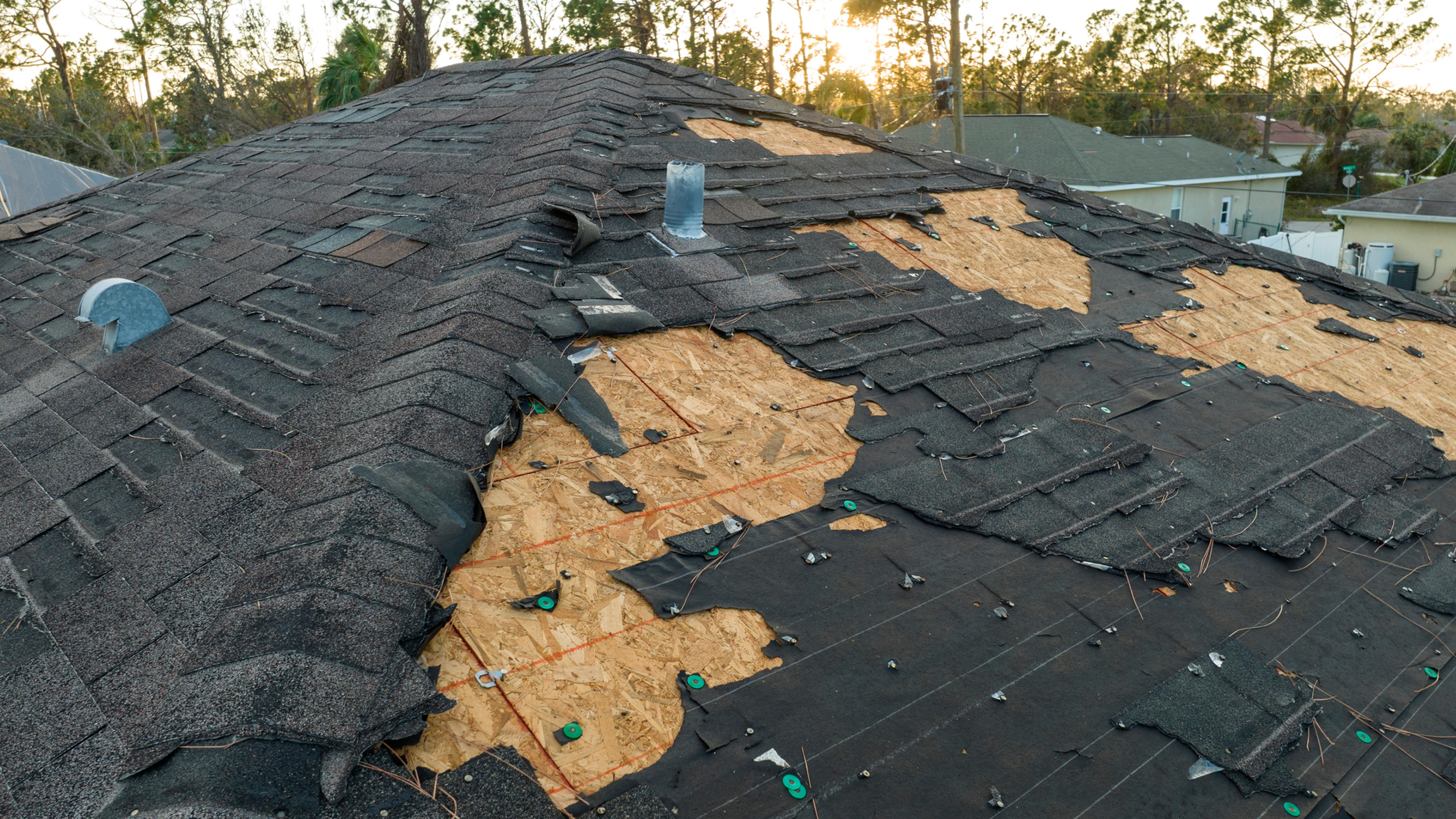 Storm-damaged roof with large sections of asphalt shingles and underlayment torn away, leaving the plywood decking exposed.