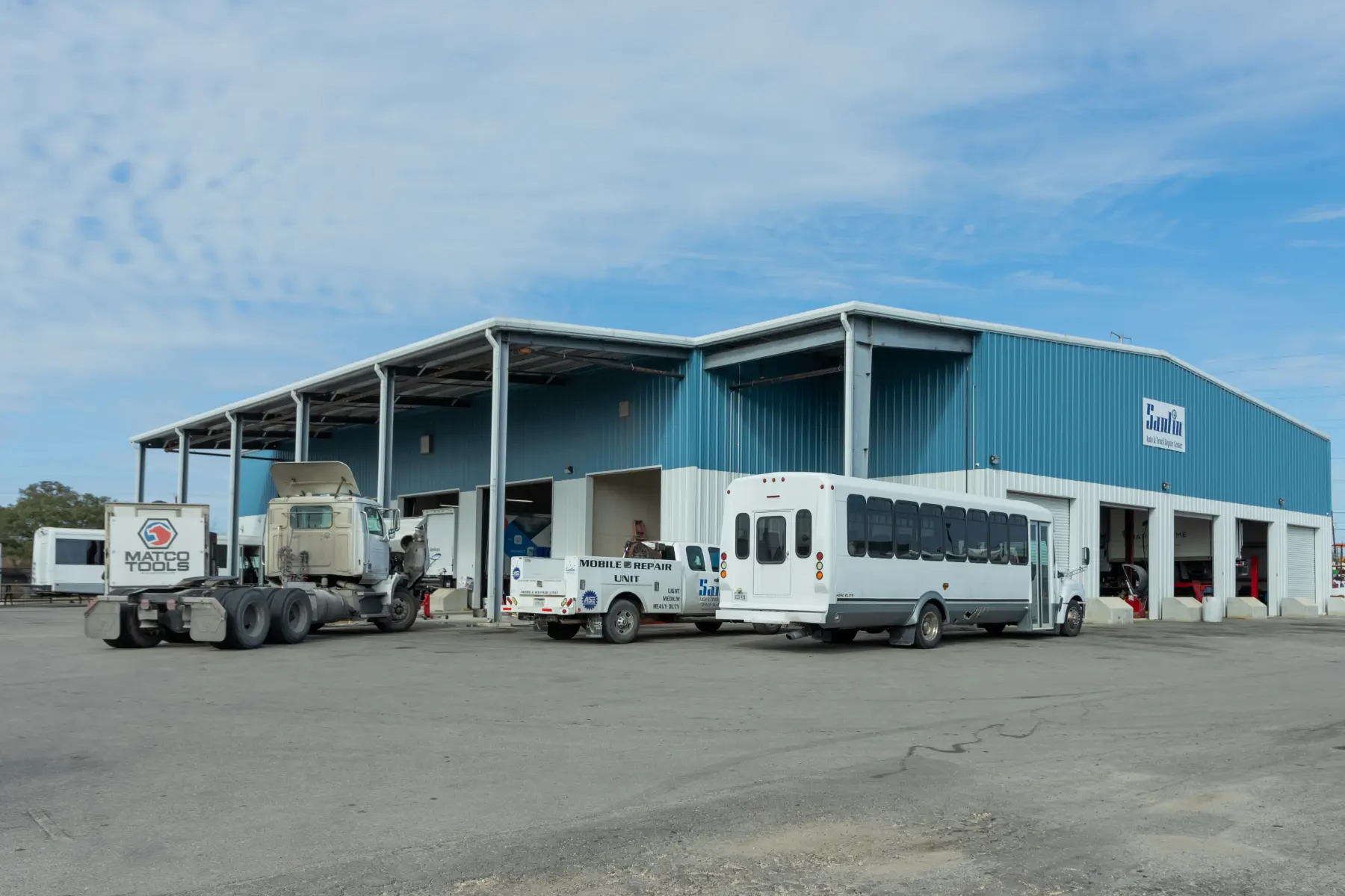 Outside of the repair shop at Santin Auto & Truck Repair Center