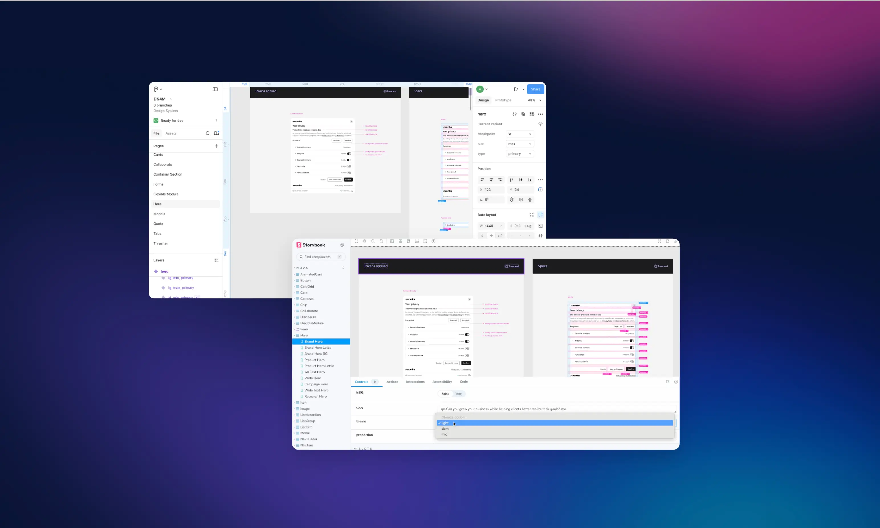 Figma and Storybook applications showing different design systems that Dev Squared helped create and organize.