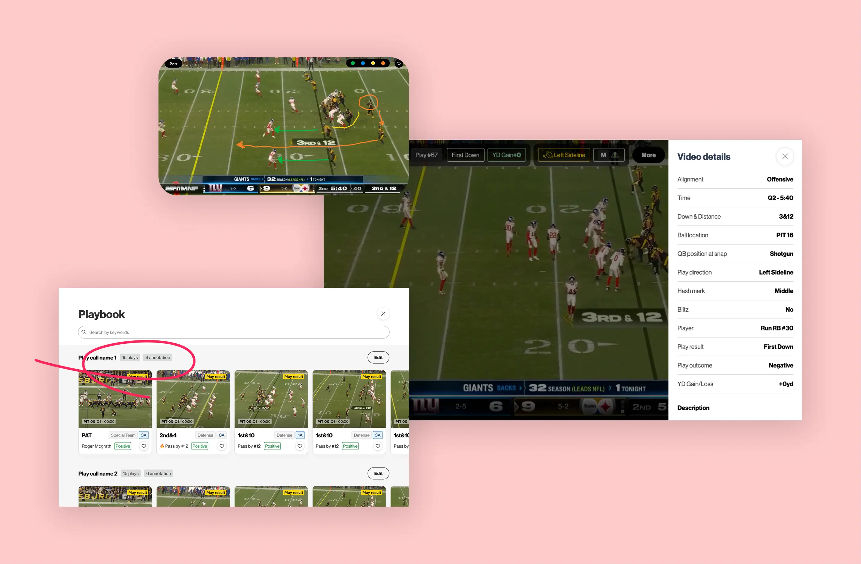 Various screens from a live football game with an UI that is showing different plays and details about the video clips and plays populated by AI.