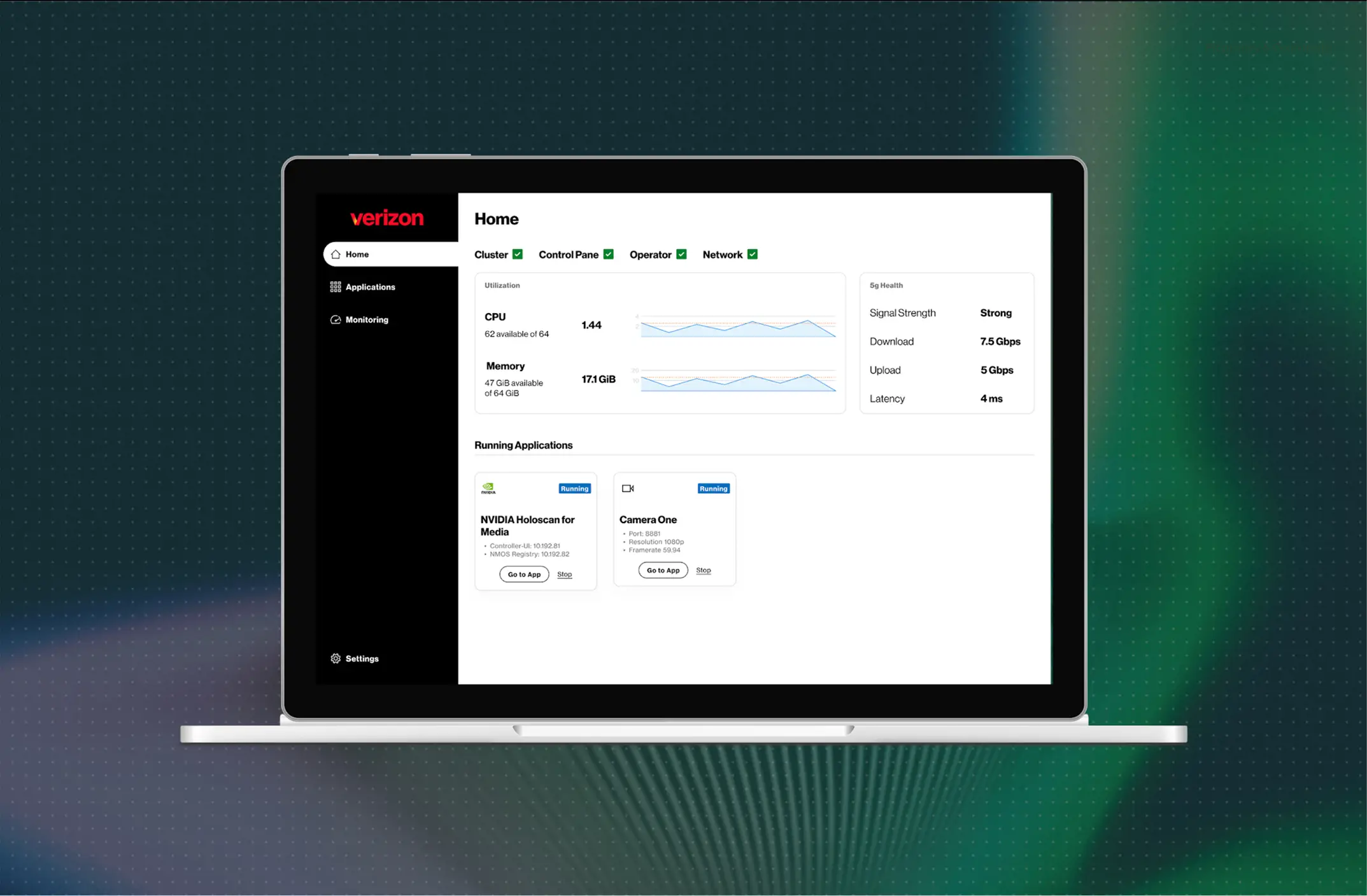 A laptop showing a UI for Verizon's Private 5G in-a-box application. The dashboard is displaying the network strength and utilization, as well as the apps running on the network, including NVIDIA Holoscan.