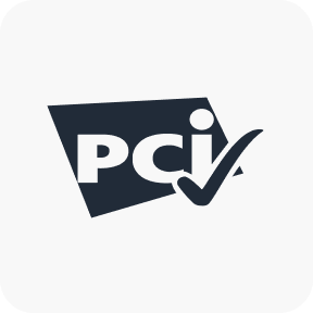 PCI logo with stylized letters and a check mark on a rounded square background.