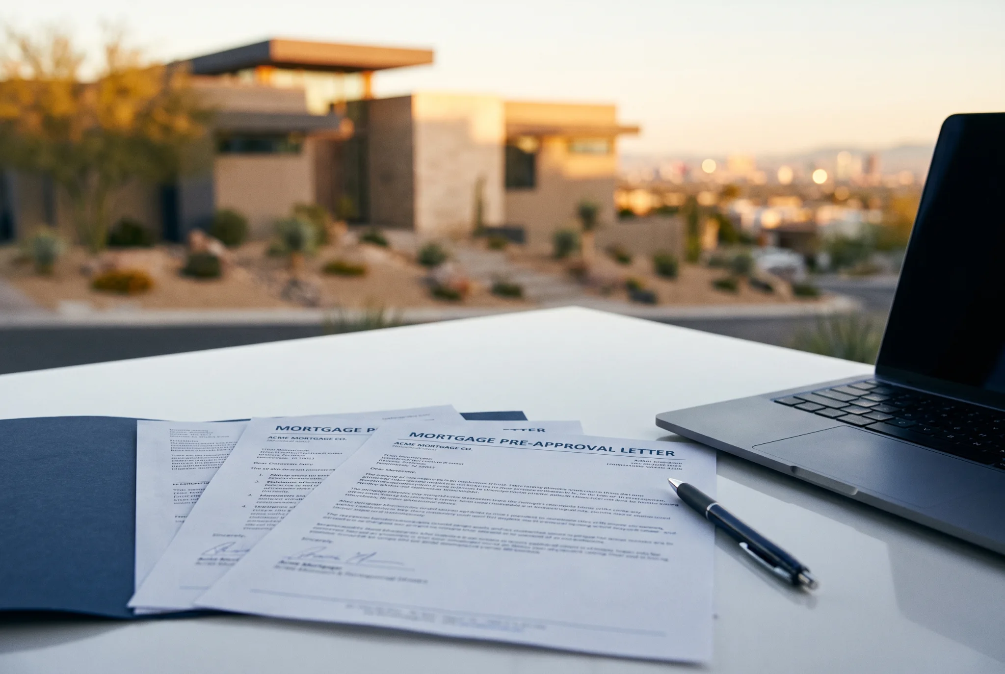 Mortgage pre-approval letter and documents on a desk with a modern Las Vegas home in the background at sunset