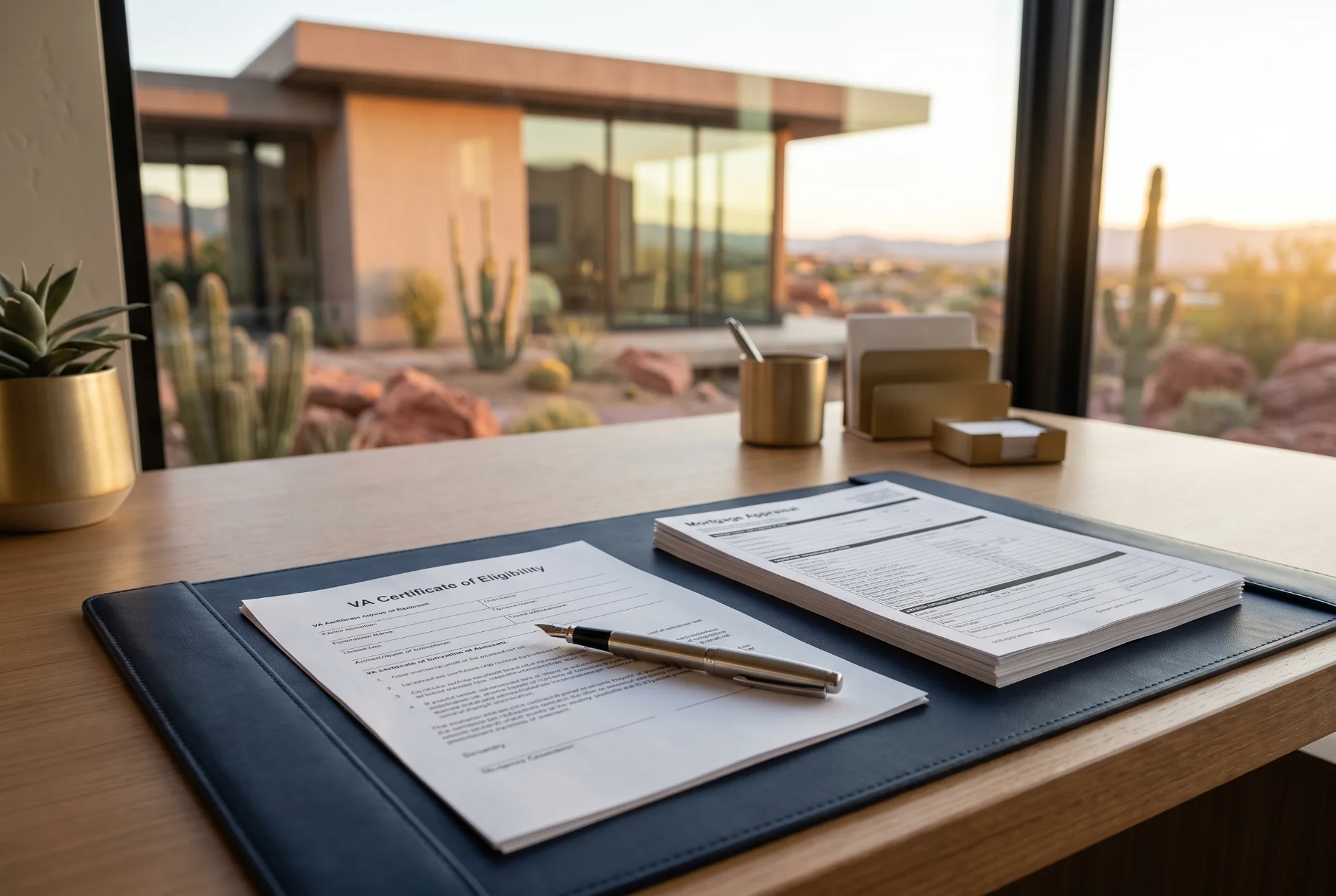 VA Certificate of Eligibility application form with pen on a desk overlooking a desert landscape