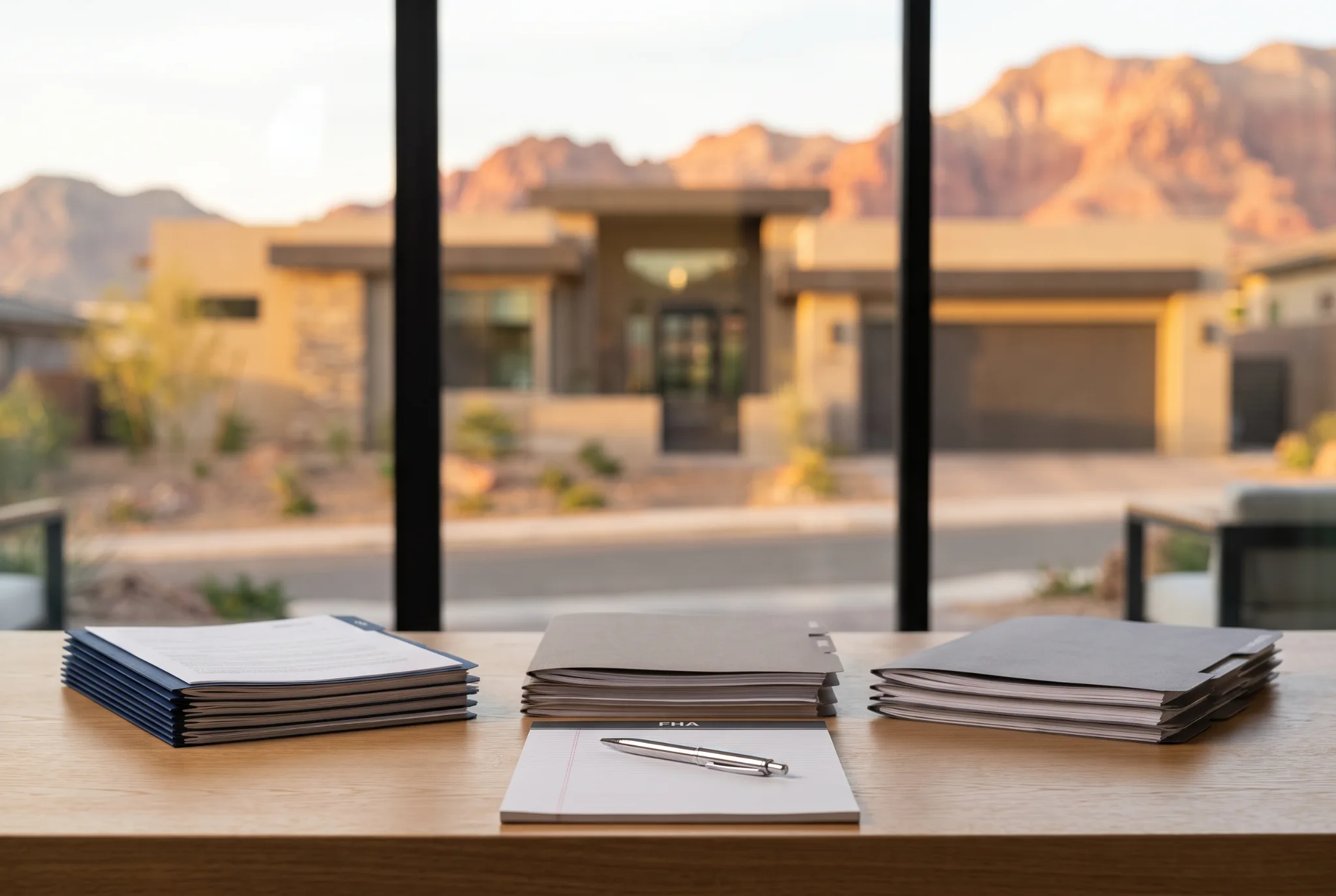 A, FHA, and conventional loan documents arranged on a desk with a desert mountain home in the background