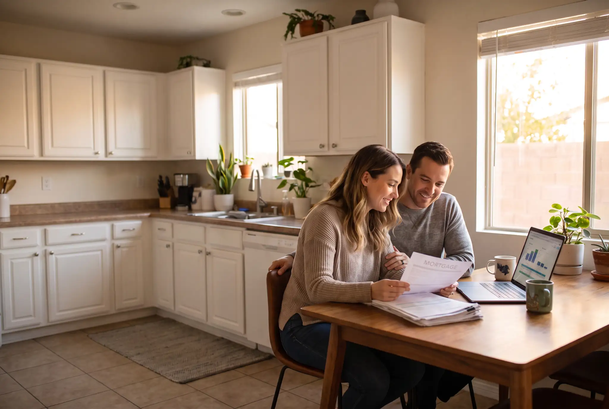 Couple sitting at a kitchen table reviewing a mortgage document and laptop while comparing first-time home buyer lender options.
