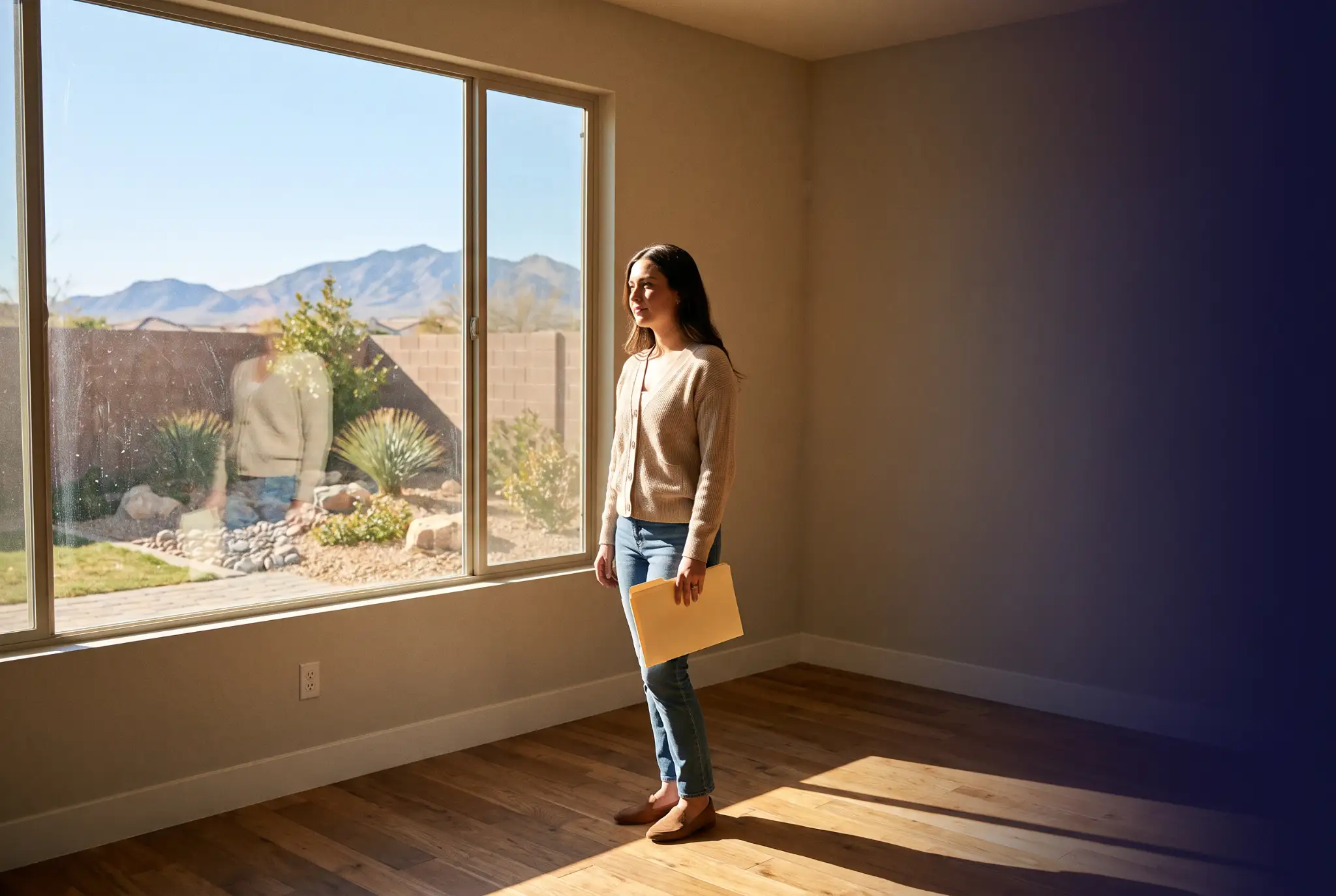 First-time homebuyer standing in an empty Las Vegas home with mortgage documents, looking out at desert mountains through a large window.