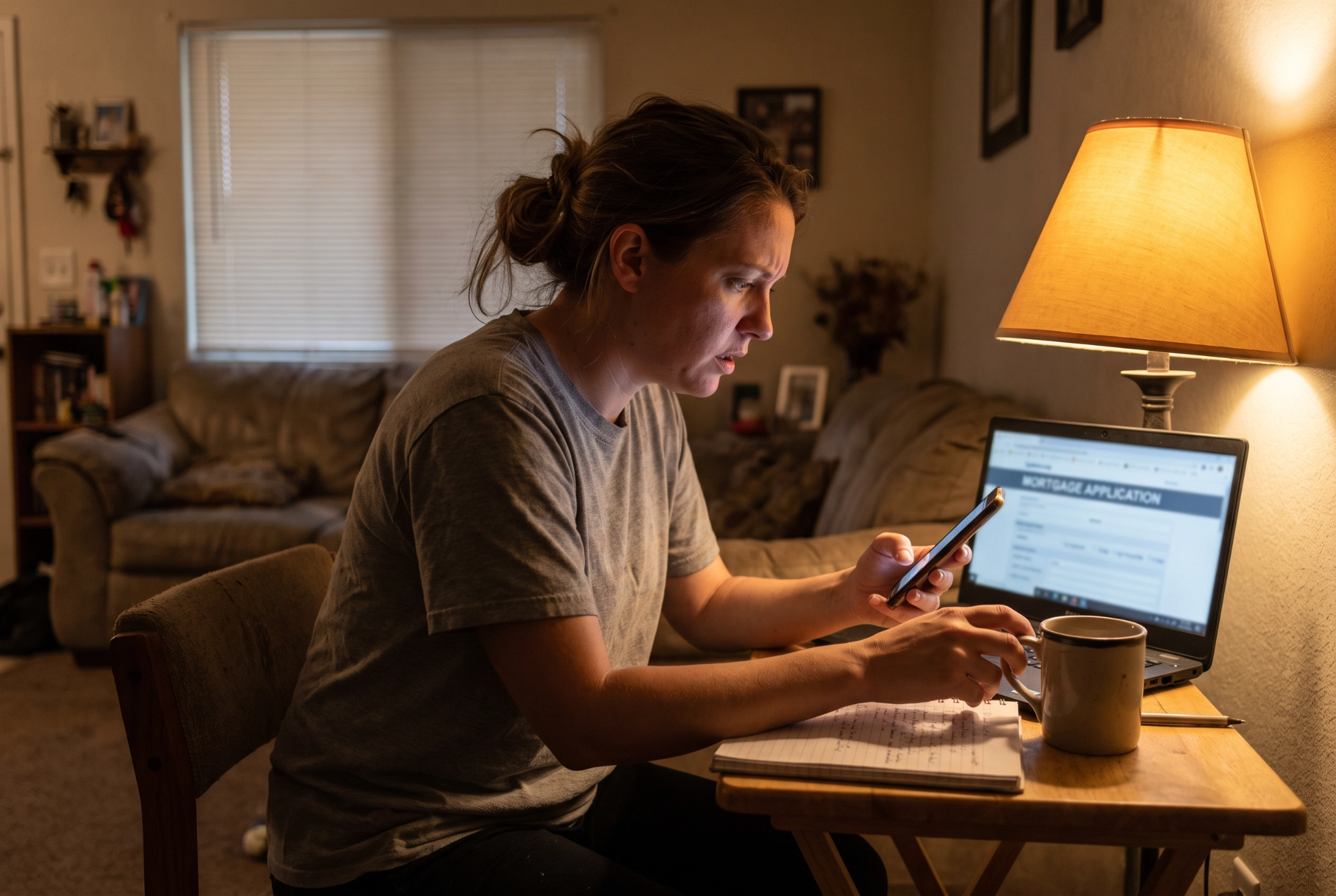 Woman in a Las Vegas home checking her phone beside a laptop open to a mortgage application after seeing her credit score drop.