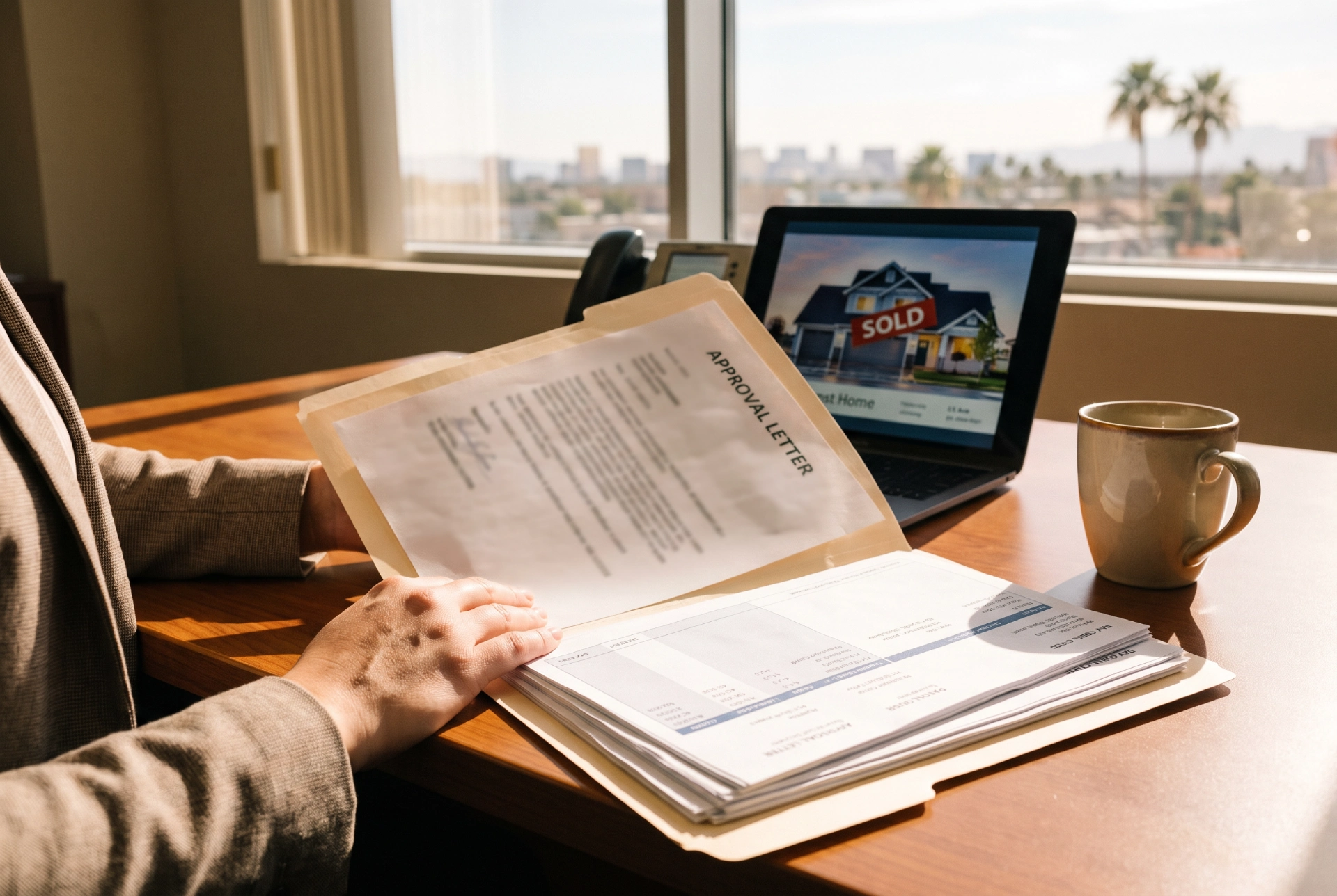 Mortgage documents and a blurred pre-approval letter prepared before a Las Vegas home offer.