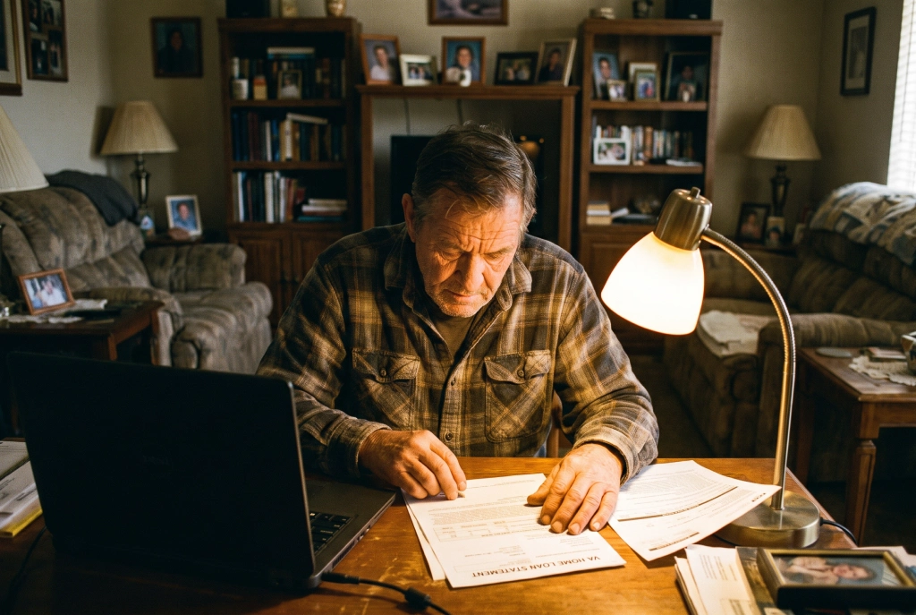 Las Vegas veteran reviewing a VA loan statement while deciding whether a refinance is worth it.
