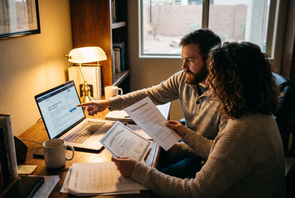 Couple in Henderson reviewing a blurred homebuyer education certificate for a Nevada assistance file.
