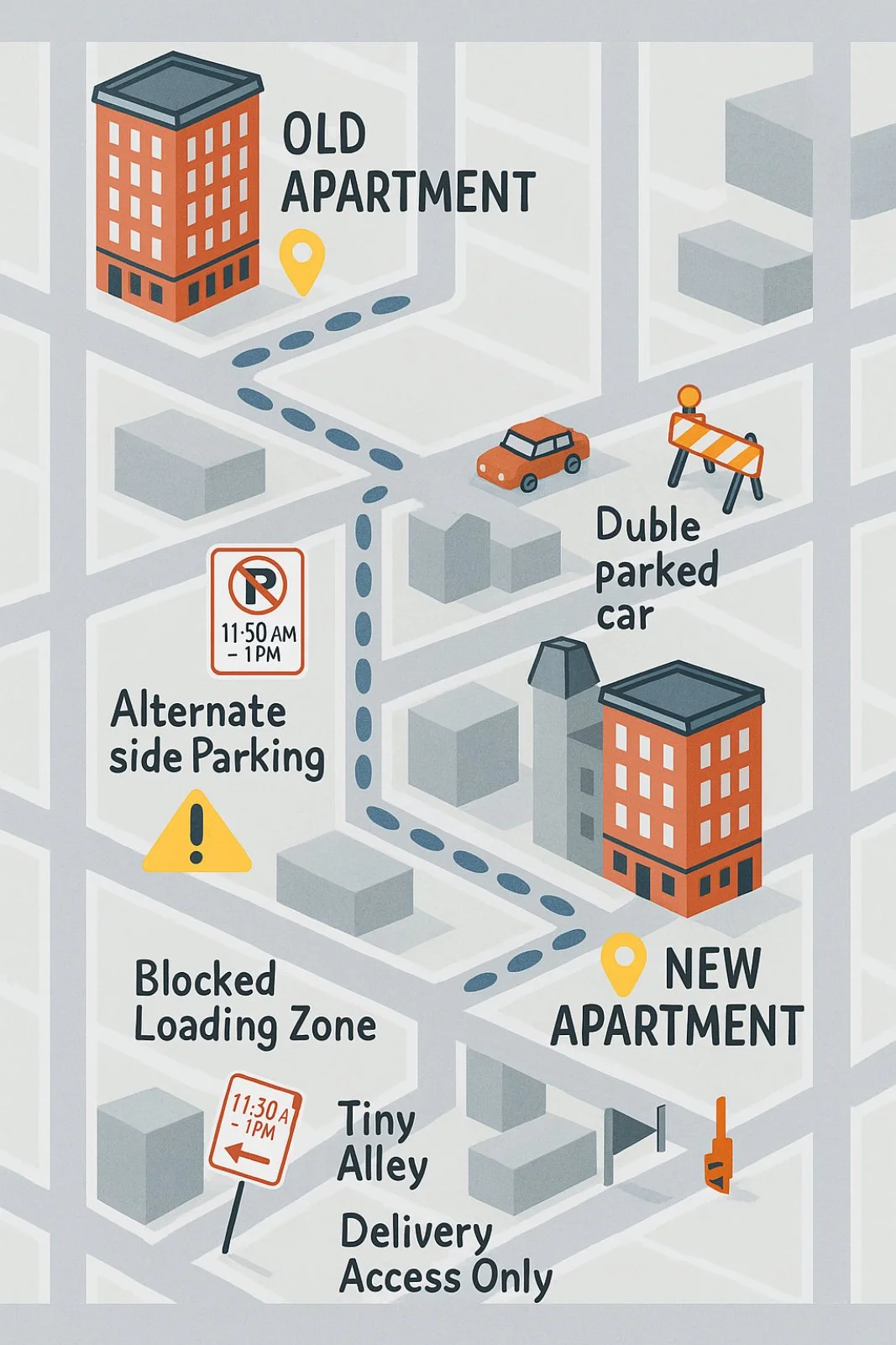 Short-distance NYC move with city-related obstacles marked on map