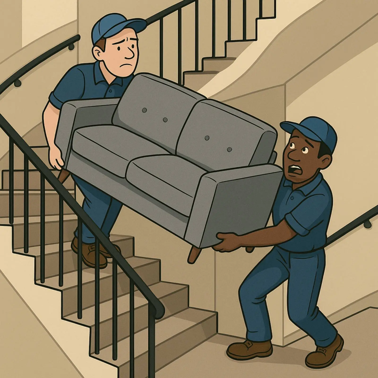 Movers struggling to navigate couch through NYC apartment stairwell