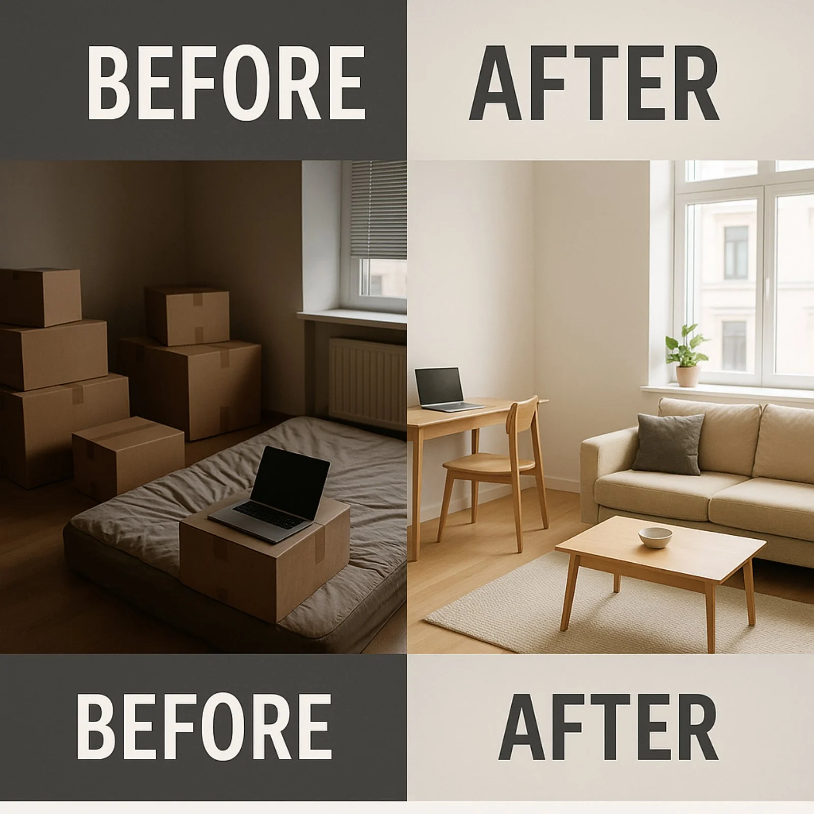 Before and after full-service NYC move – unpacked vs ready-to-live-in home