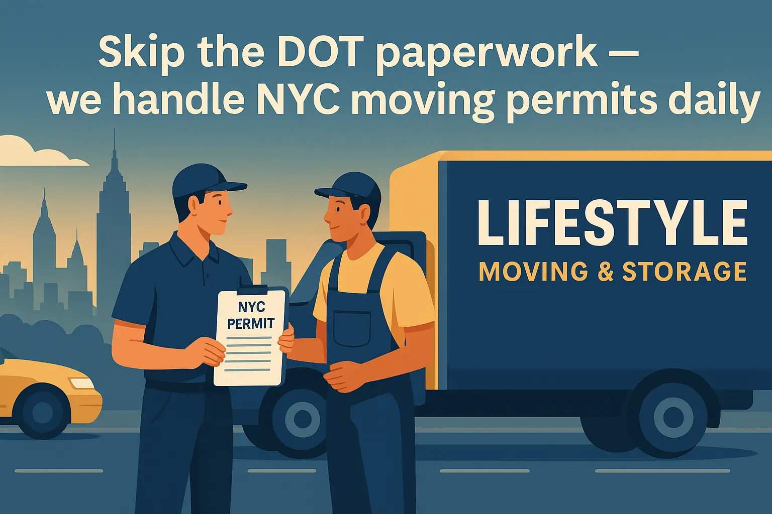 Illustration of movers handling NYC permit paperwork beside moving truck.