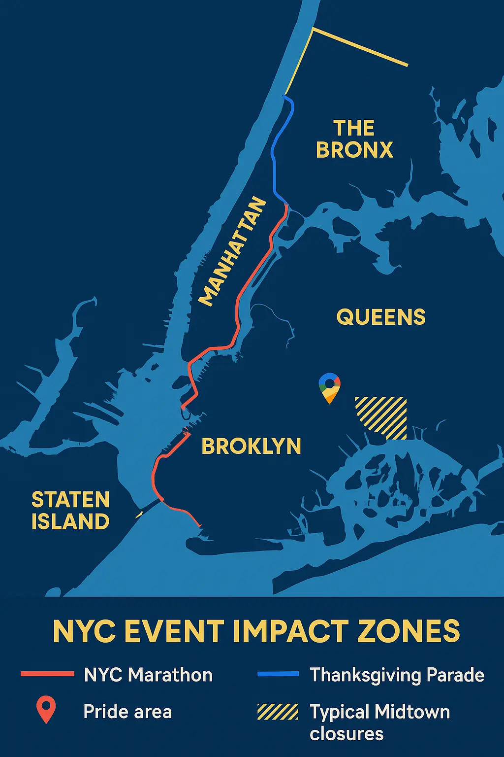 Map of New York City showing parade and marathon closure zones by borough.