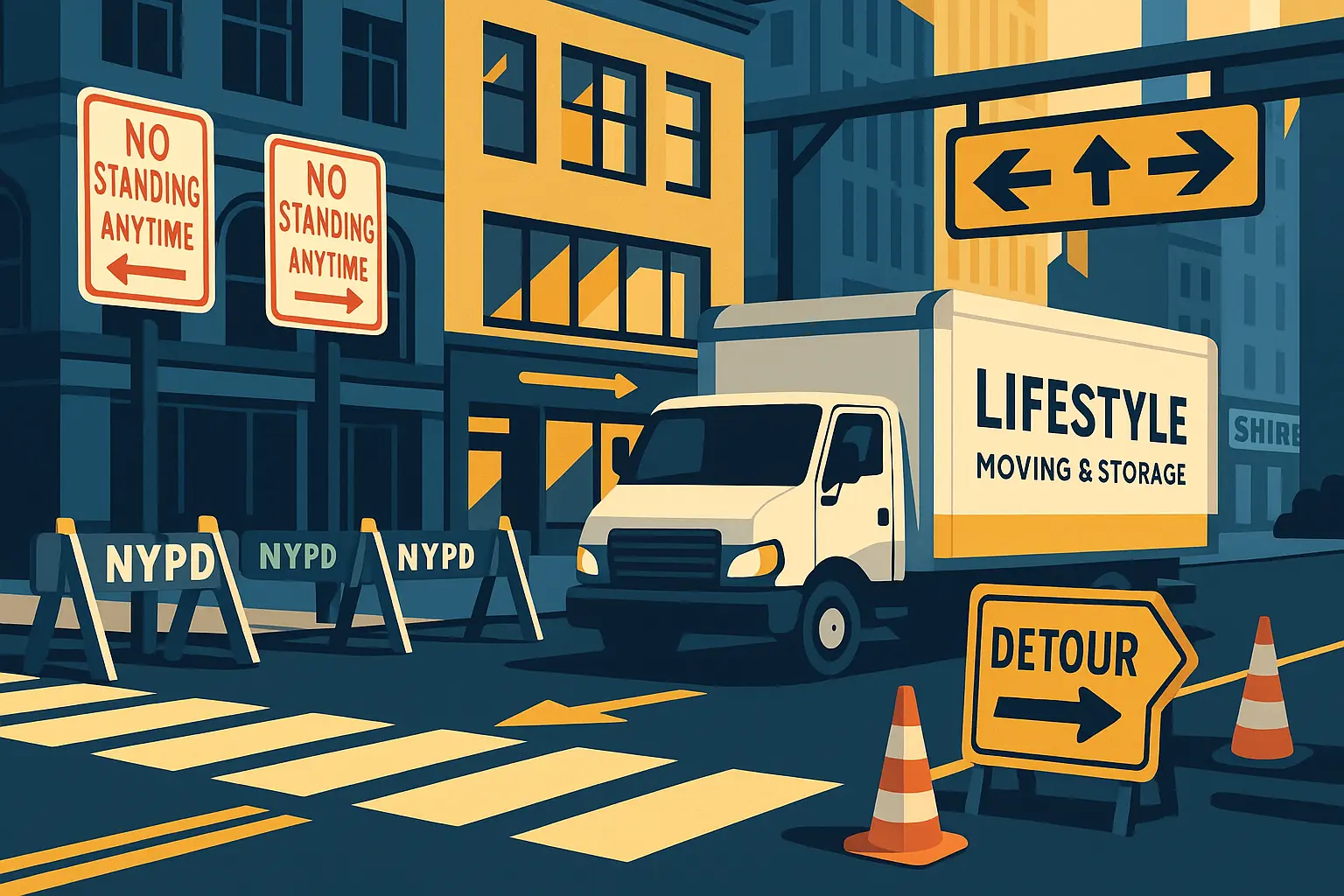 Illustration showing NYC road closures and rerouted moving truck during event.