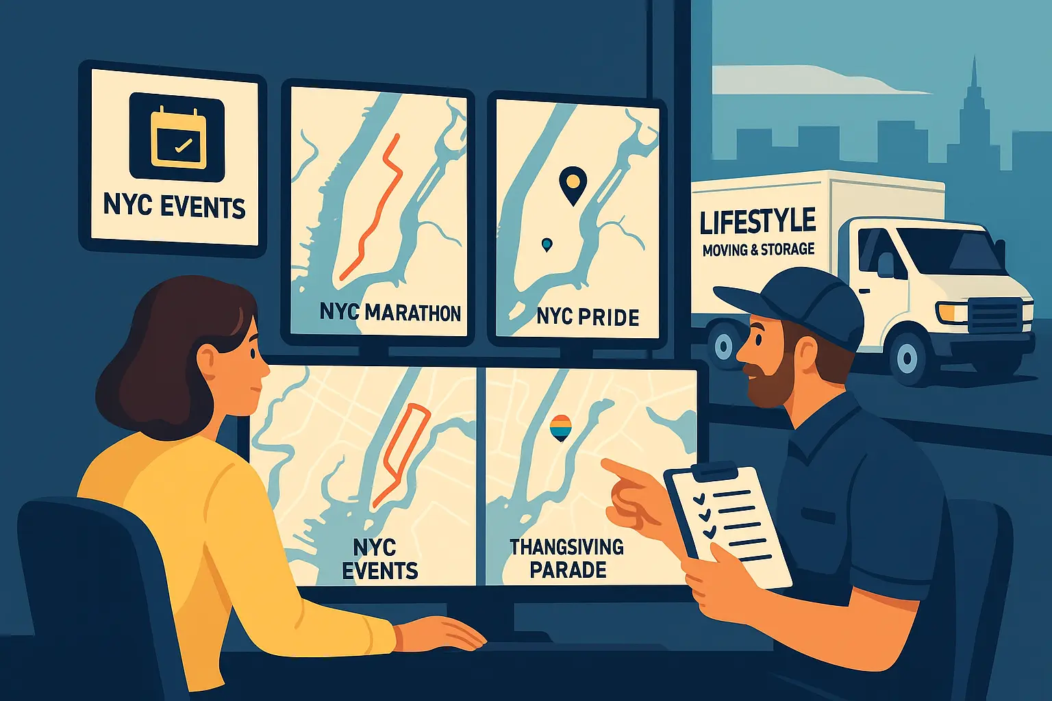 Illustration of professional movers planning routes with NYC event maps.