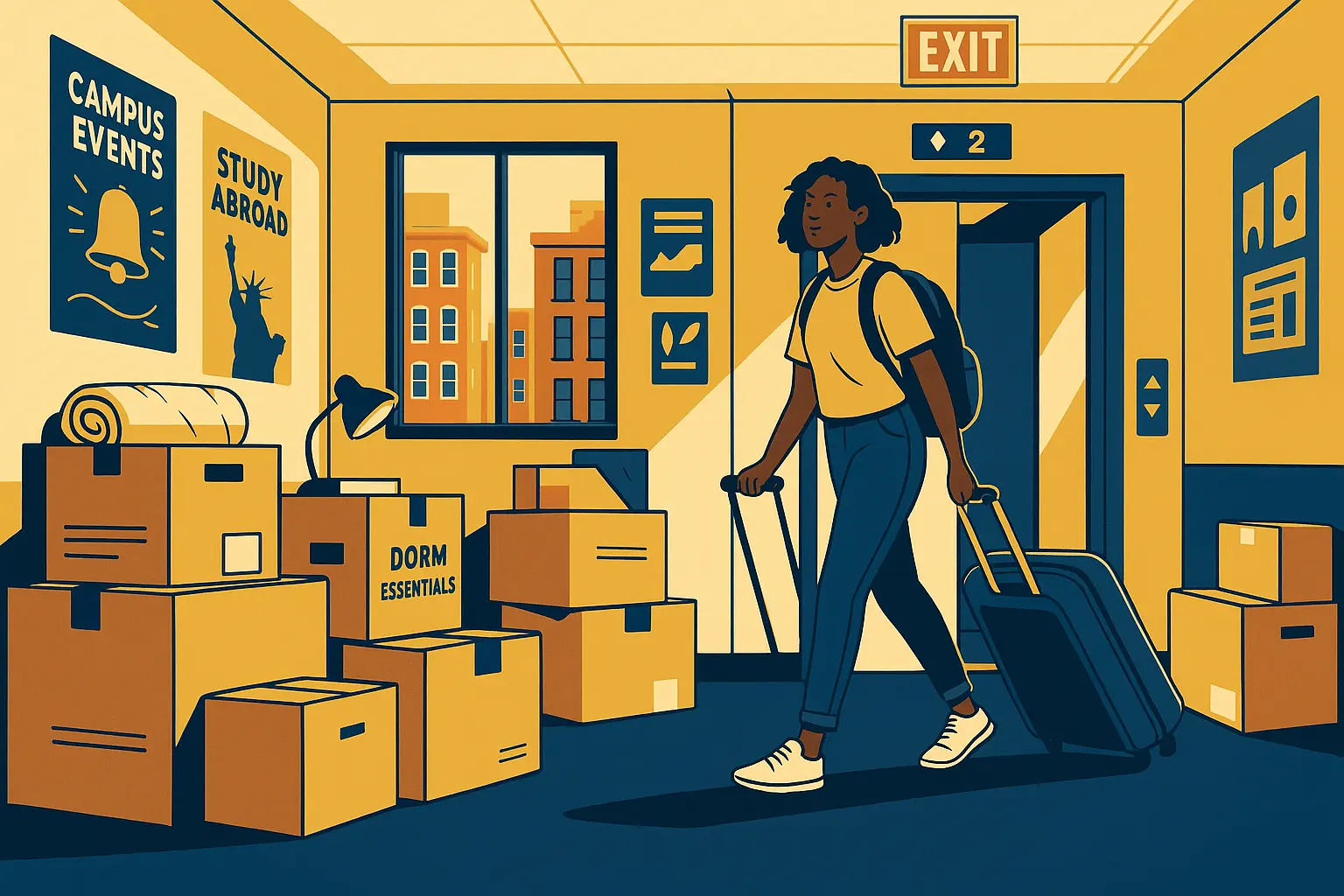 Illustration of NYC student packing dorm room with boxes in hallway.