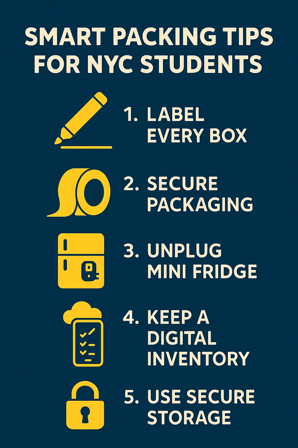 Infographic showing summer storage packing tips for NYC students.