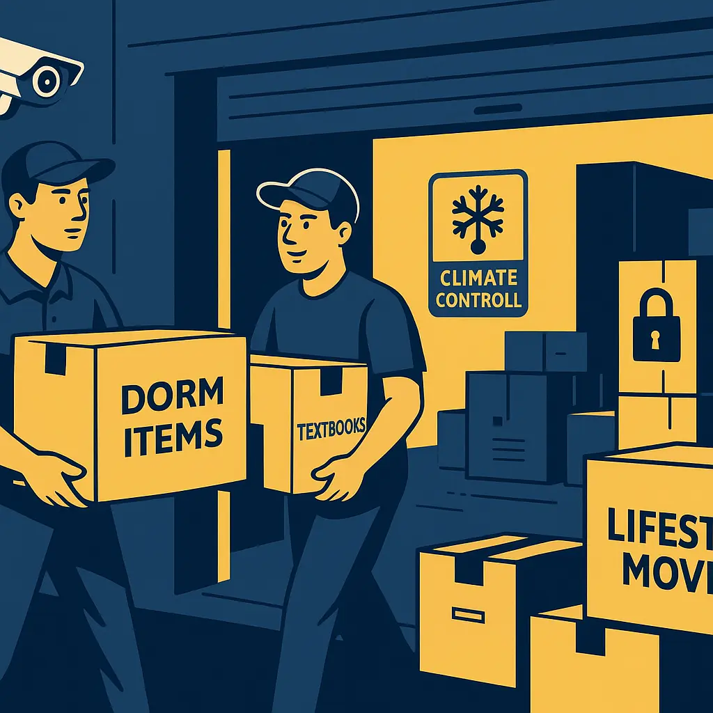 Illustration of professional movers storing boxes in climate-controlled NYC facility.
