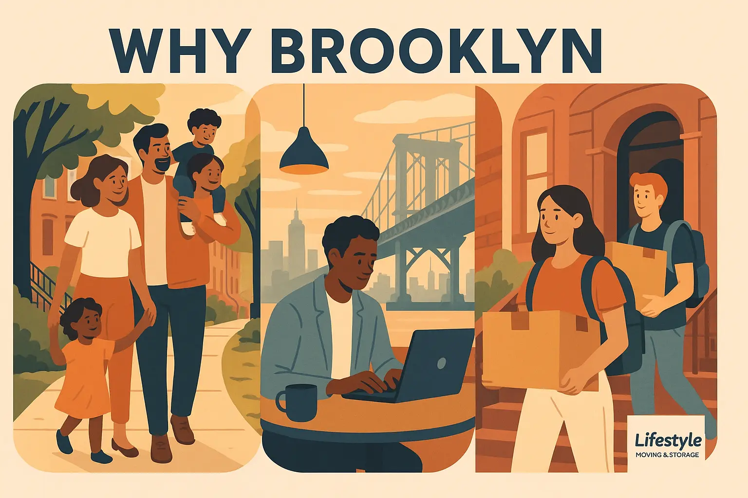 Collage of family, professional, and student scenes in Brooklyn neighborhoods.
