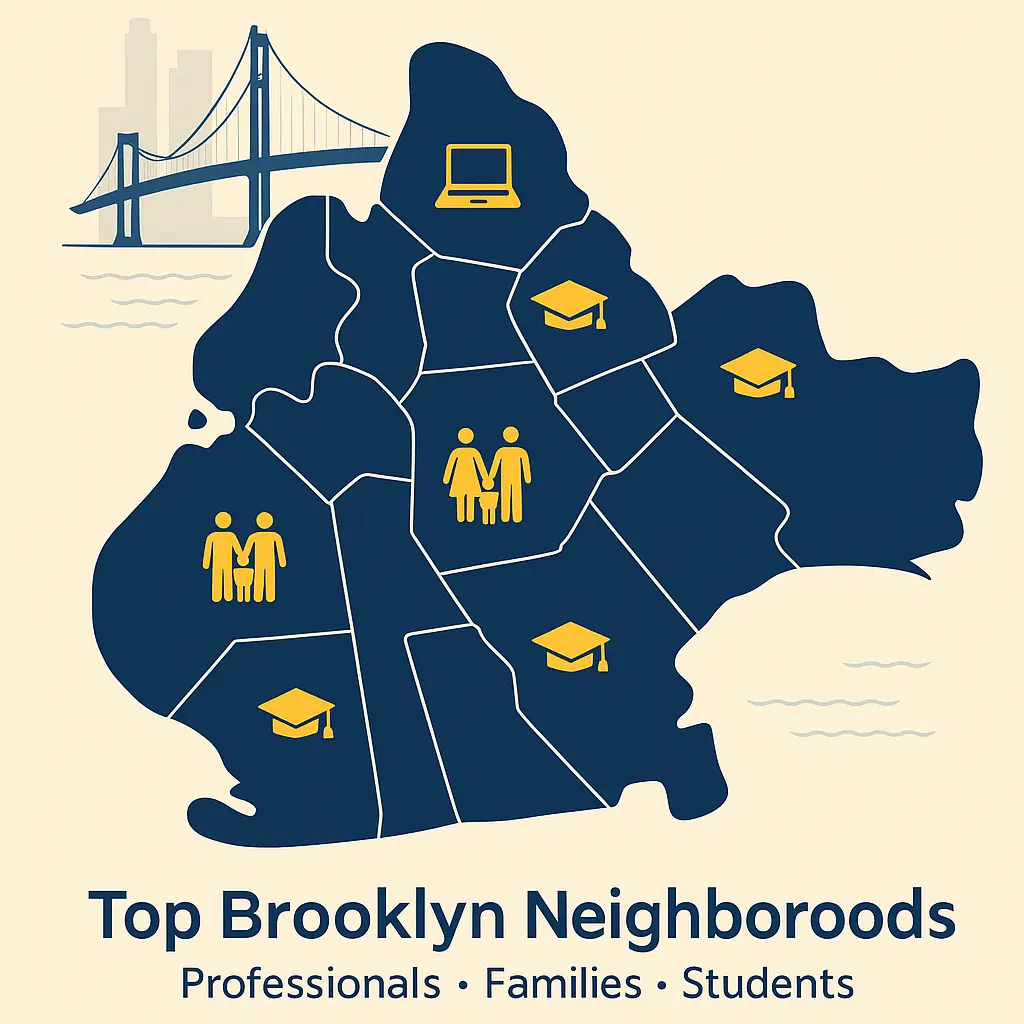 Map of Brooklyn showing major neighborhoods for families, professionals, and students.