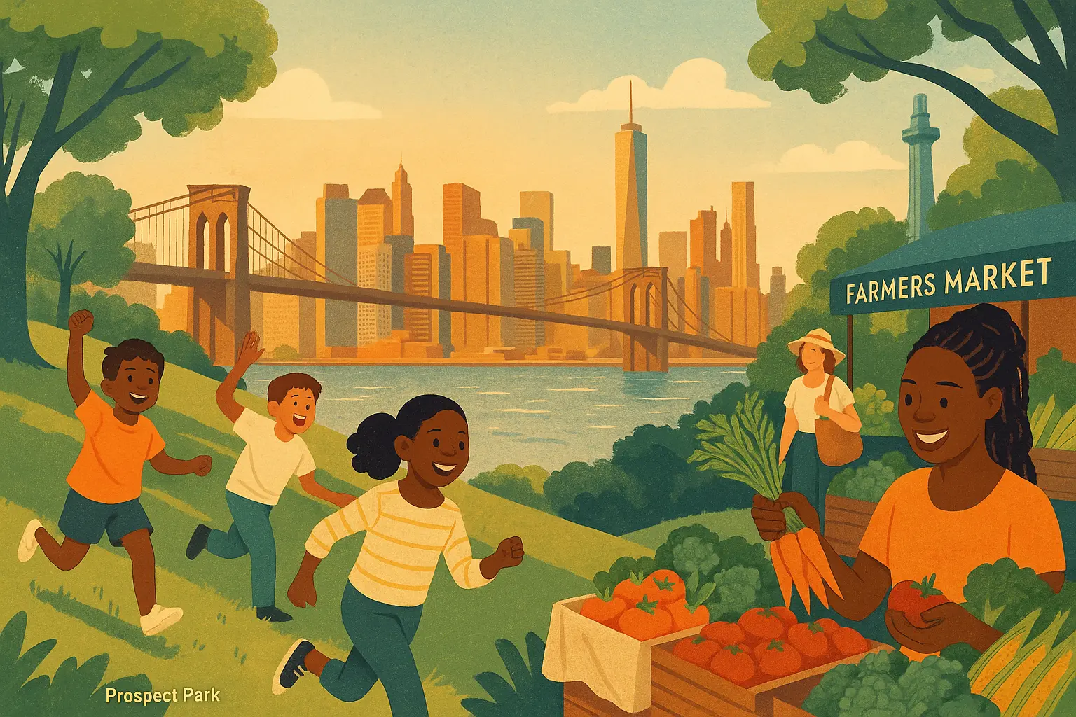 Collage of Brooklyn parks, community life, and families outdoors.