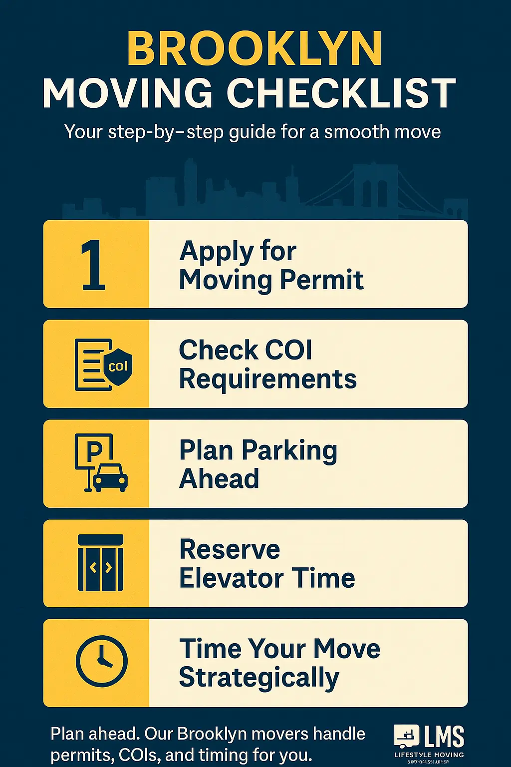 Infographic checklist for planning a Brooklyn move - permits, COI, timing.