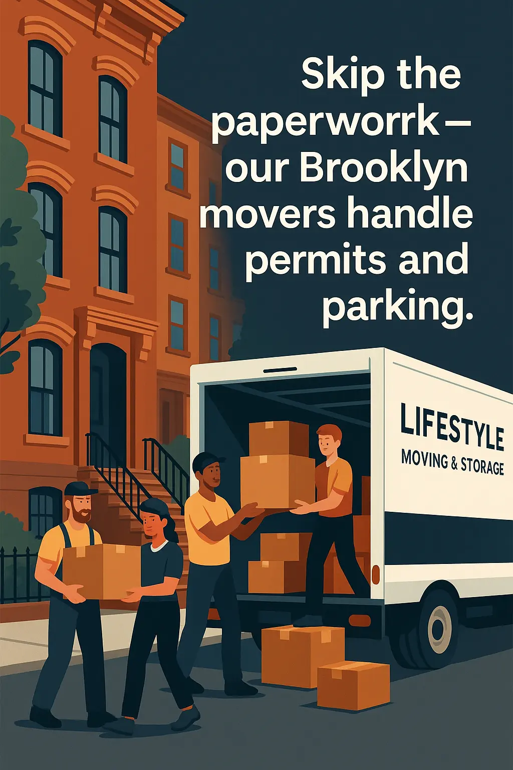 Movers loading truck on Brooklyn brownstone street with text overlay.