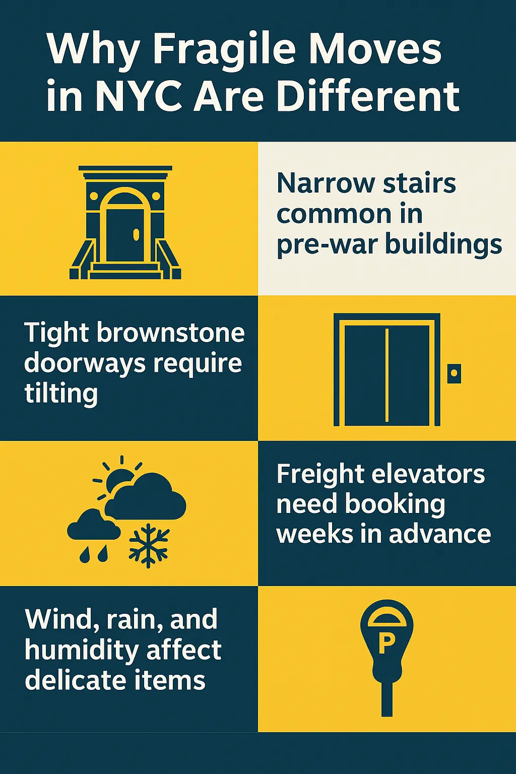 Infographic showing challenges of moving fragile items in NYC—stairs, elevators, weather, parking.