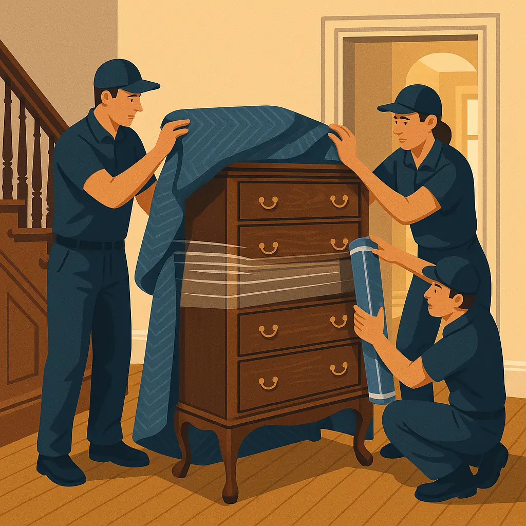 Movers wrapping antique dresser in protective blankets inside a pre-war NYC apartment.