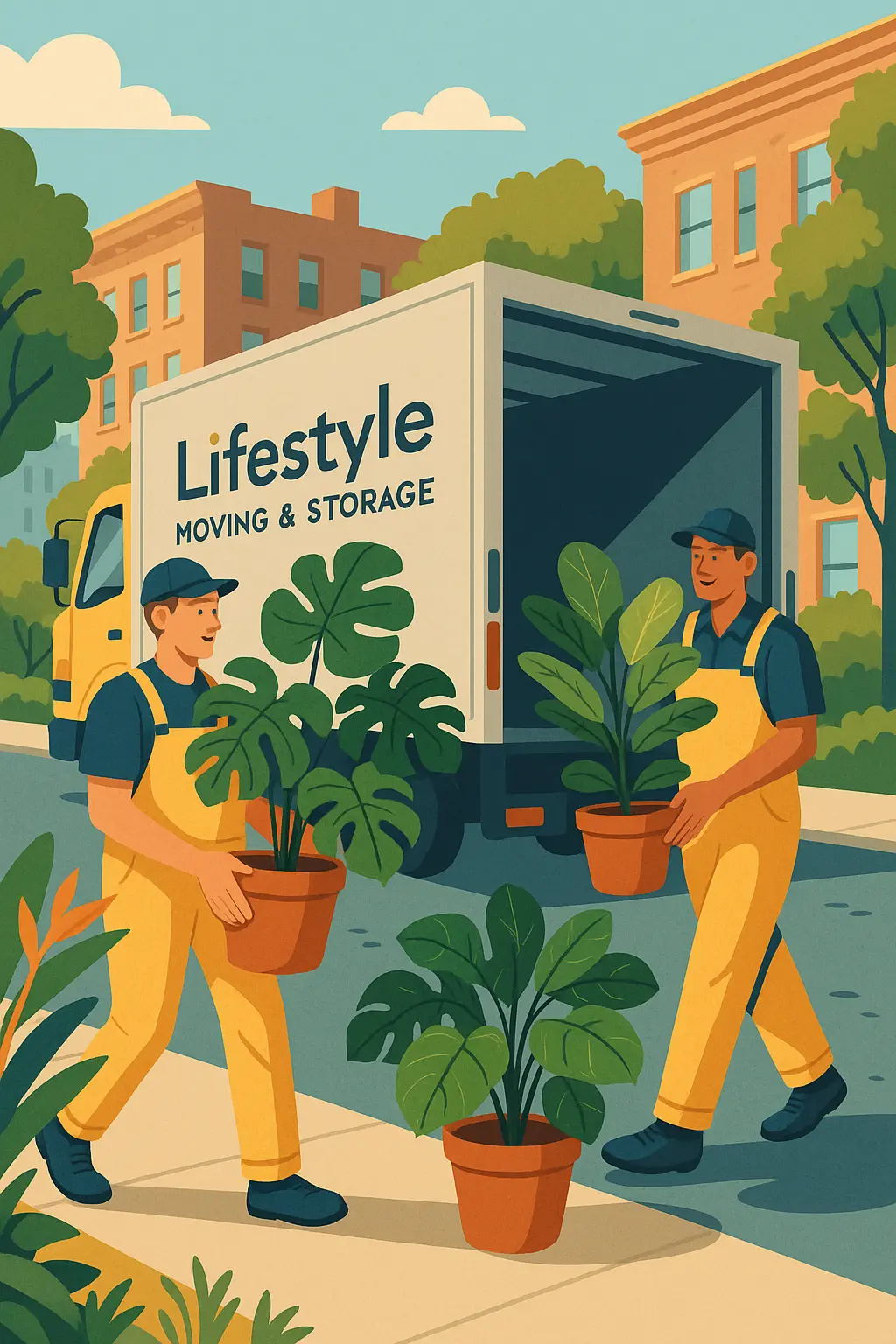 Movers carrying large houseplants into a truck on a New York street.