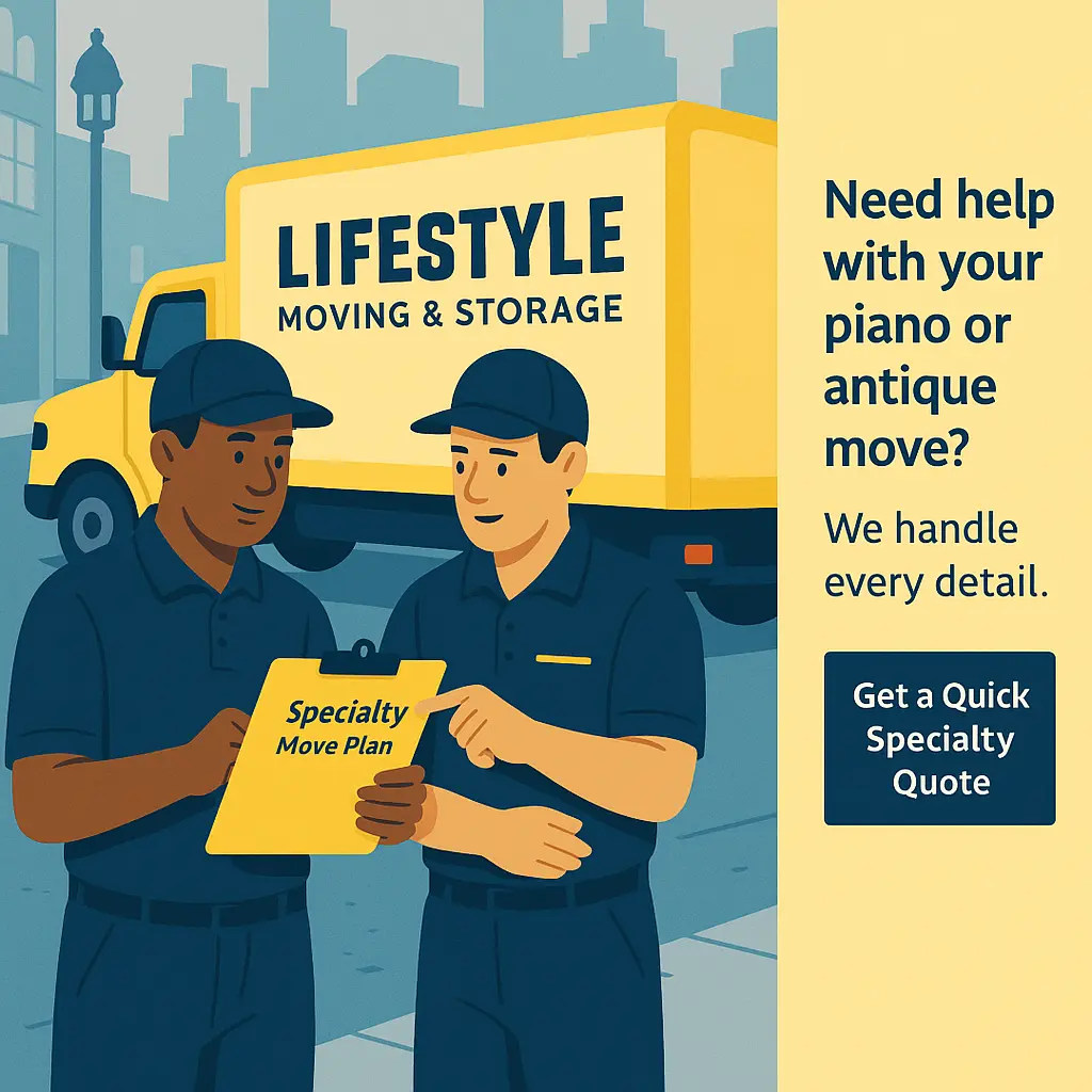 Movers reviewing specialty move plan beside branded truck in NYC.