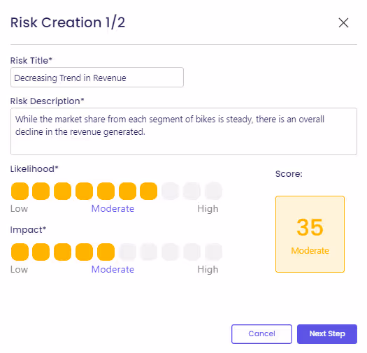 risk creation steps in cascade software screenshot