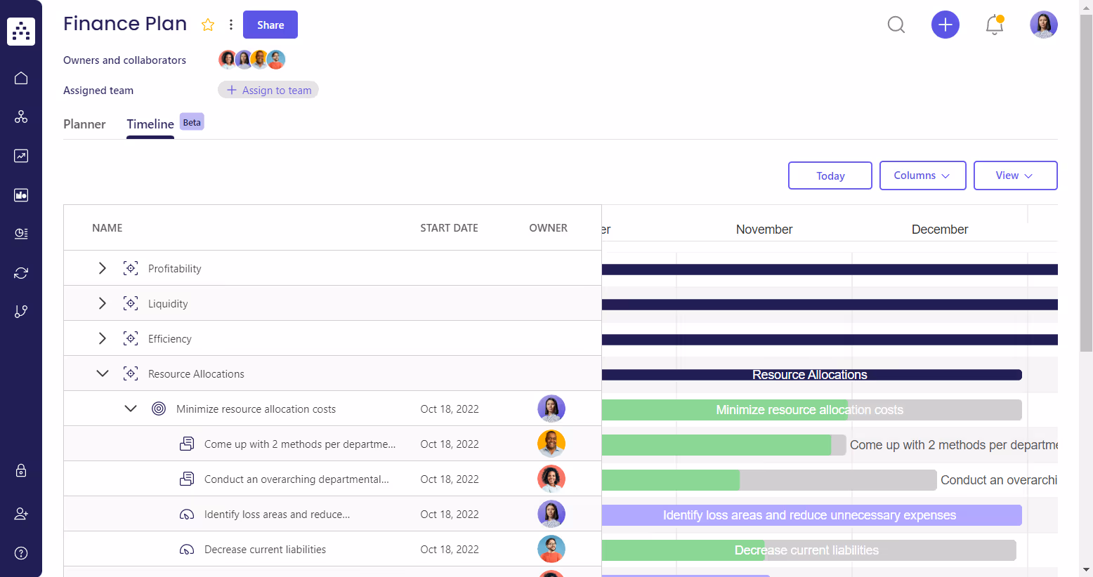 financial plan template timeline view in cascade