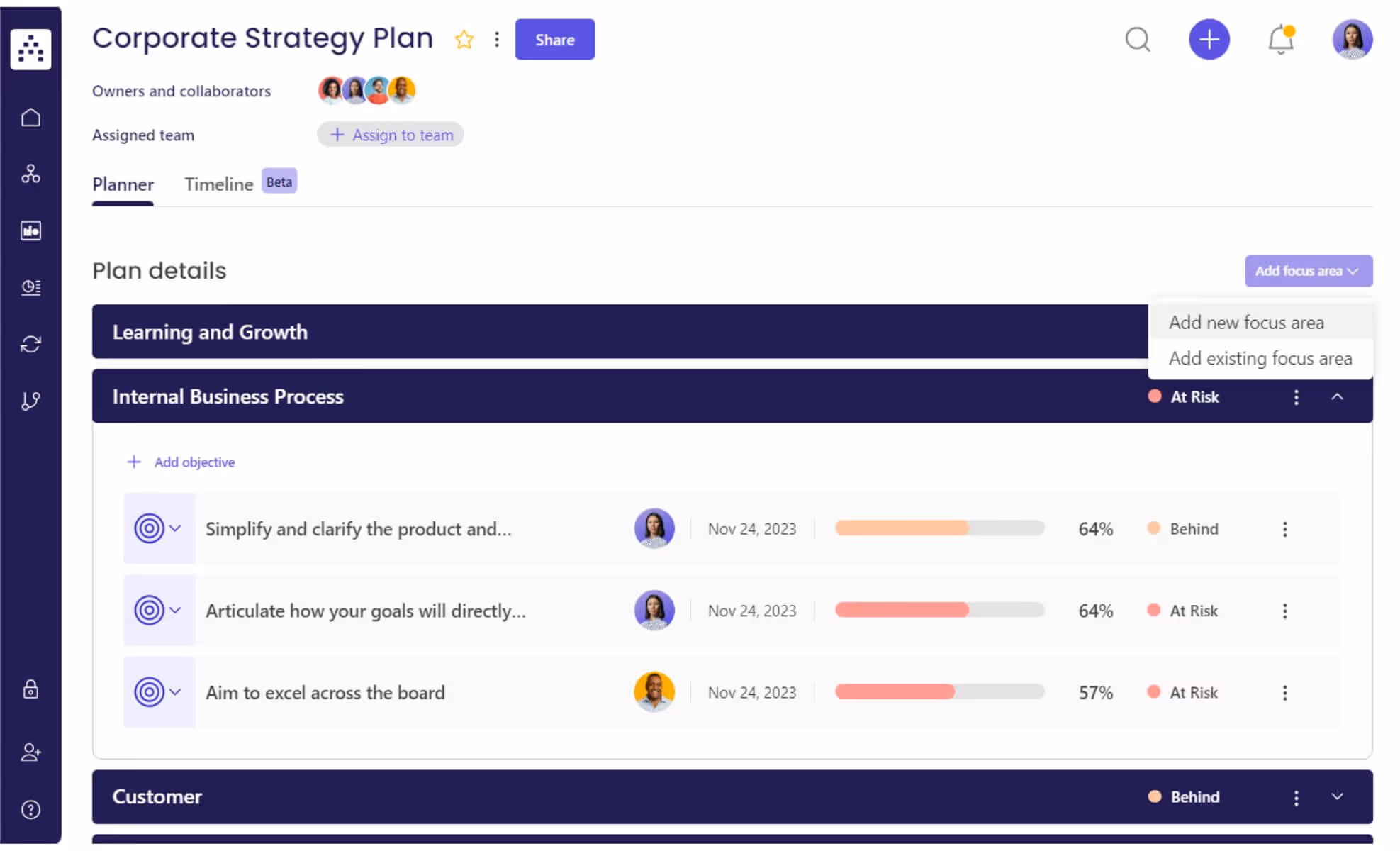 add focus areas in cascade strategy execution platform