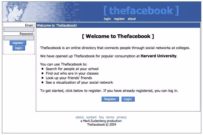 thefacebook homepage in 2004