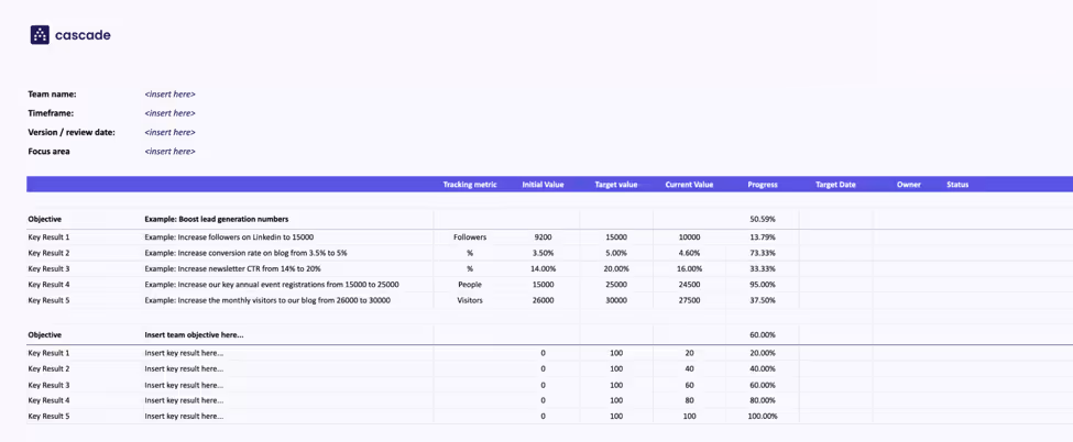 free OKR Template in Excel format screenshot