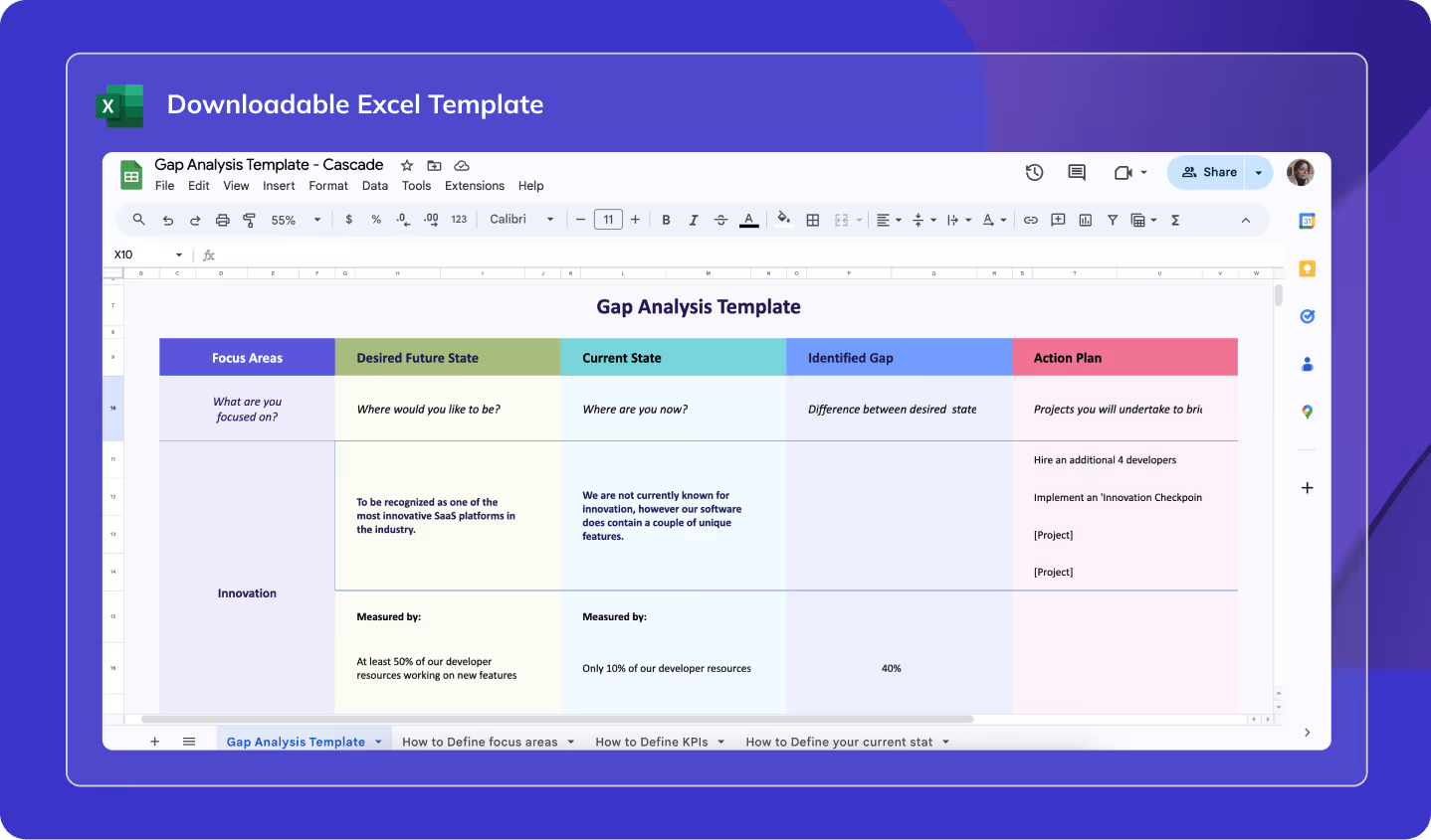 Screenshot of Gap Analysis Free Excel Template from Cascadee