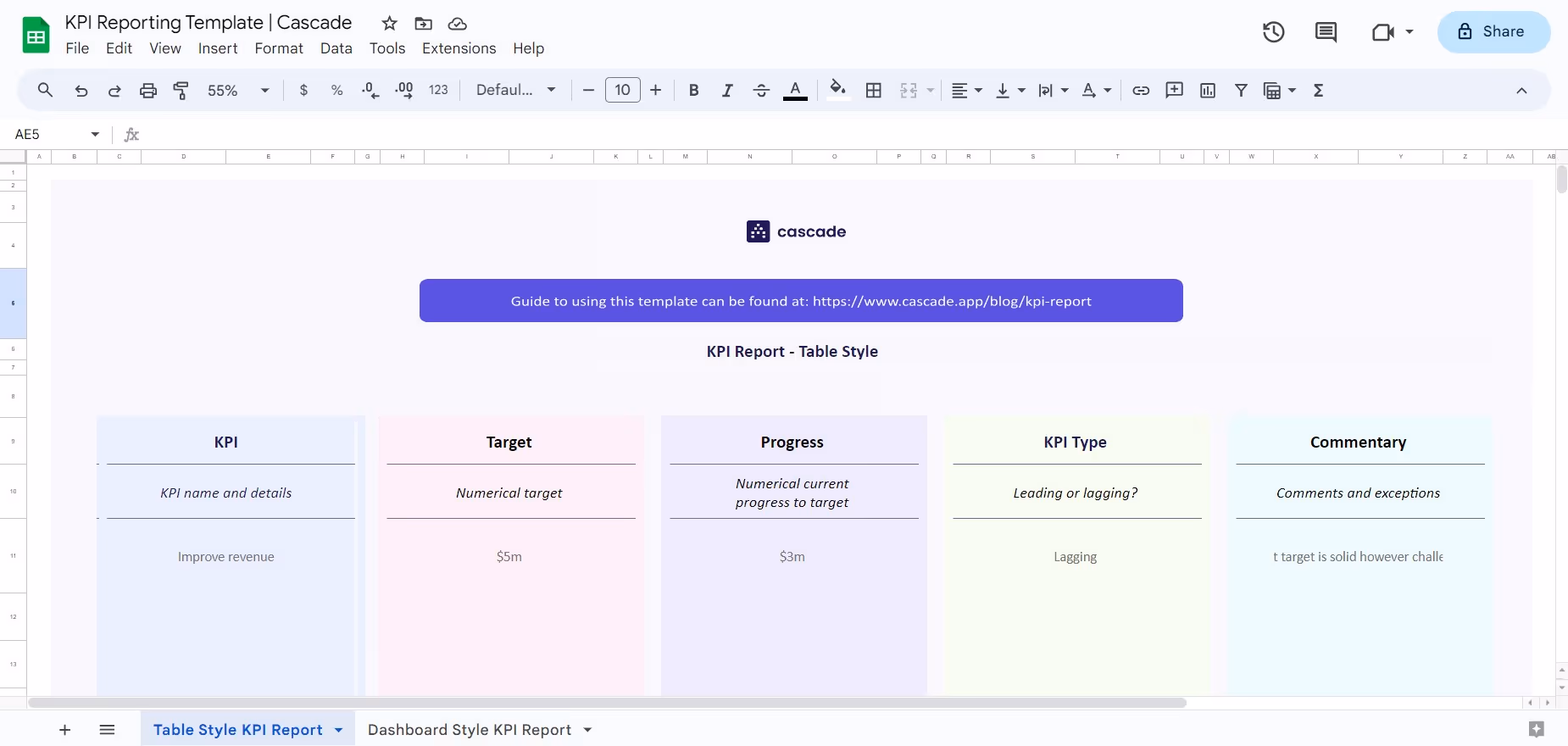 kpi reporting template cascade excel spreadsheet
